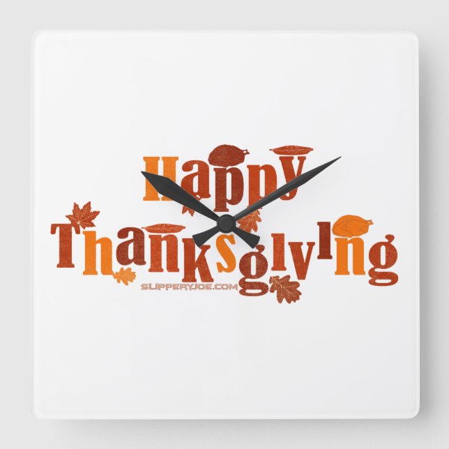 SlipperyJoe's Thanksgiving leaves brown orange pie Square Wall Clock (Front)