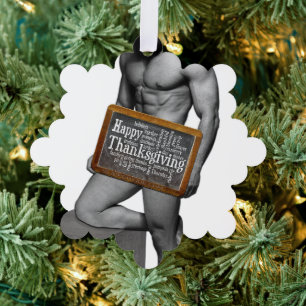 SlipperyJoe's Thanksgiving man hot six-pack abs un Tree Decoration Card