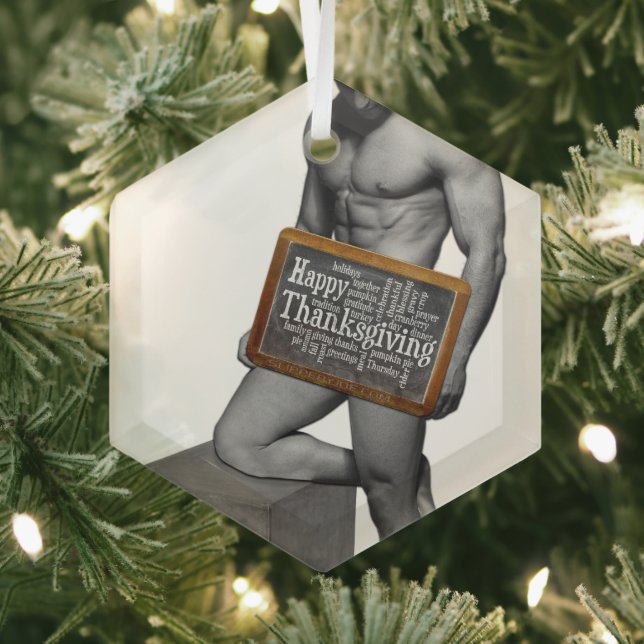 SlipperyJoe's Thanksgiving tradition muscular male Glass Tree Decoration (Insitu)
