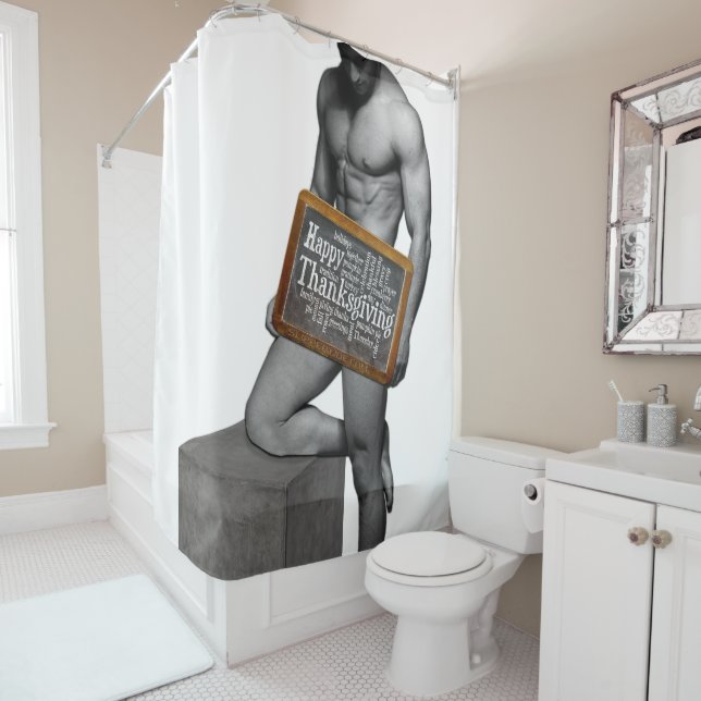 SlipperyJoe's Thanksgiving tradition muscular male Shower Curtain (In Situ)