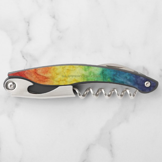 SlipperyJoe's tie-dyed flag rainbow pressed into s Corkscrew (Front)