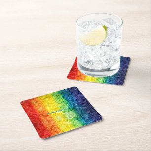 SlipperyJoe's tie-dyed flag rainbow pressed into s Square Paper Coaster