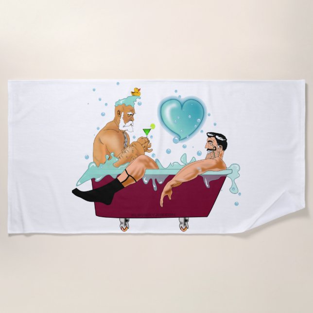 SlipperyJoe's two gay men love cartoon bathtub soa Beach Towel (Front)