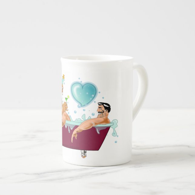 SlipperyJoe's two gay men love cartoon bathtub soa Bone China Mug (Front Right)