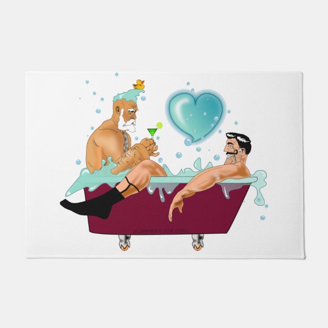 SlipperyJoe's two gay men love cartoon bathtub soa Doormat (Front)