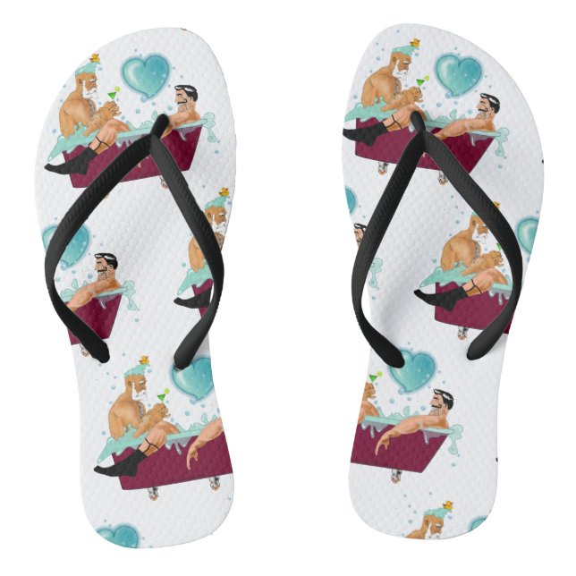 SlipperyJoe's two gay men love cartoon bathtub soa Flip Flops (Footbed)