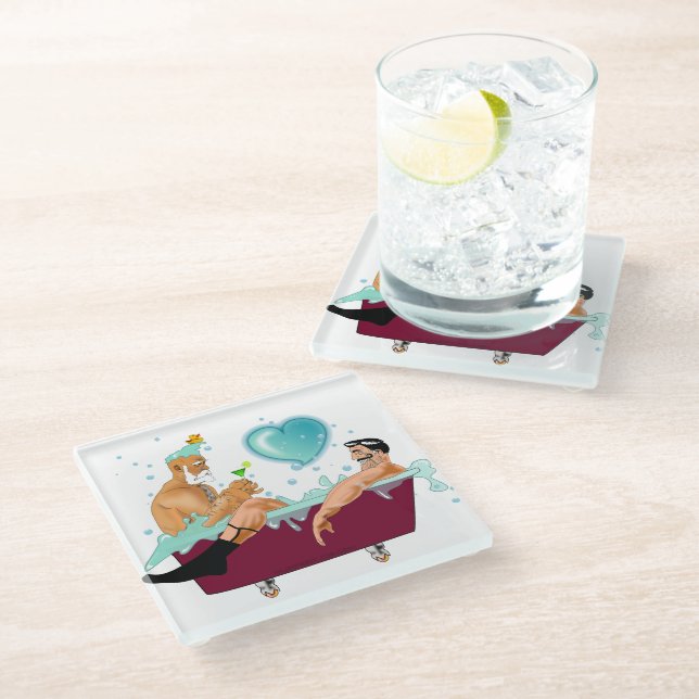 SlipperyJoe's two gay men love cartoon bathtub soa Glass Coaster (Angled)