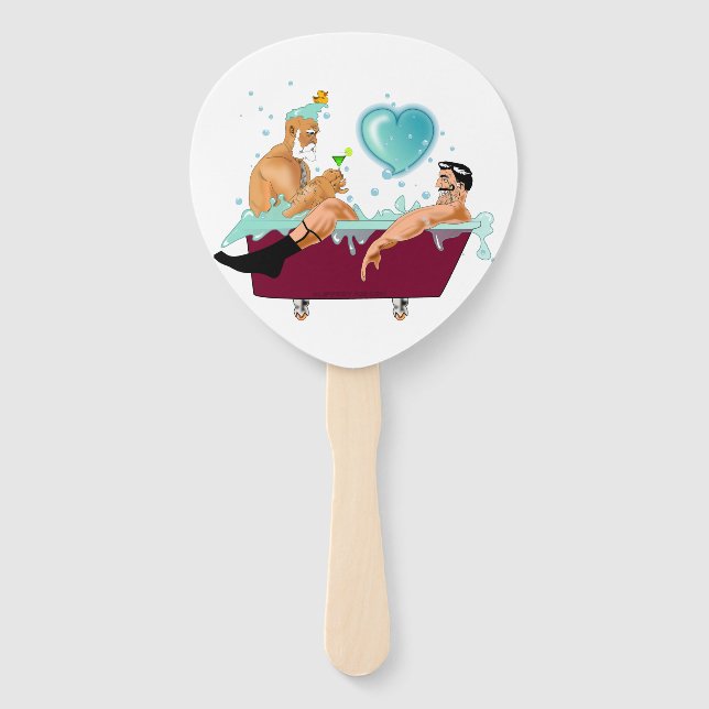 SlipperyJoe's two gay men love cartoon bathtub soa Hand Fan (Front)