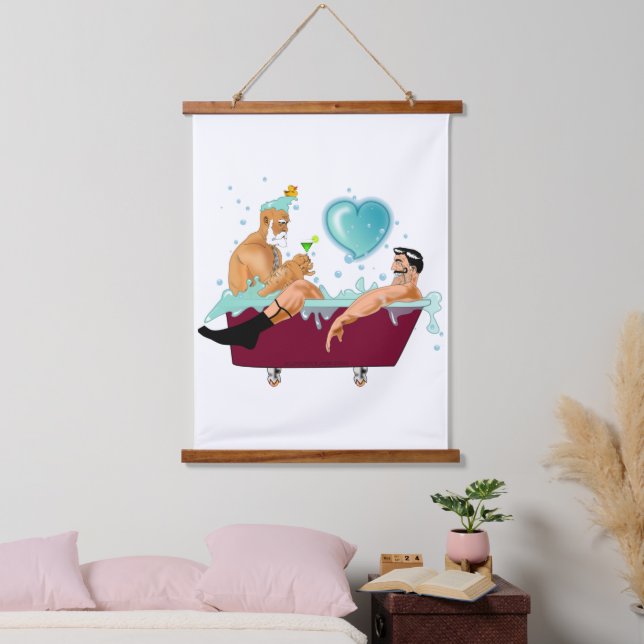 SlipperyJoe's two gay men love cartoon bathtub soa Hanging Tapestry (Bedroom)