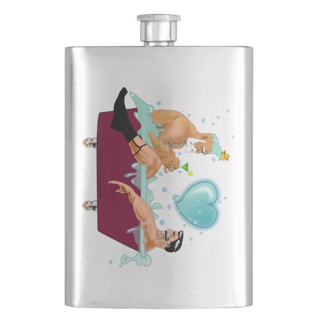 SlipperyJoe's two gay men love cartoon bathtub soa Hip Flask (Front)
