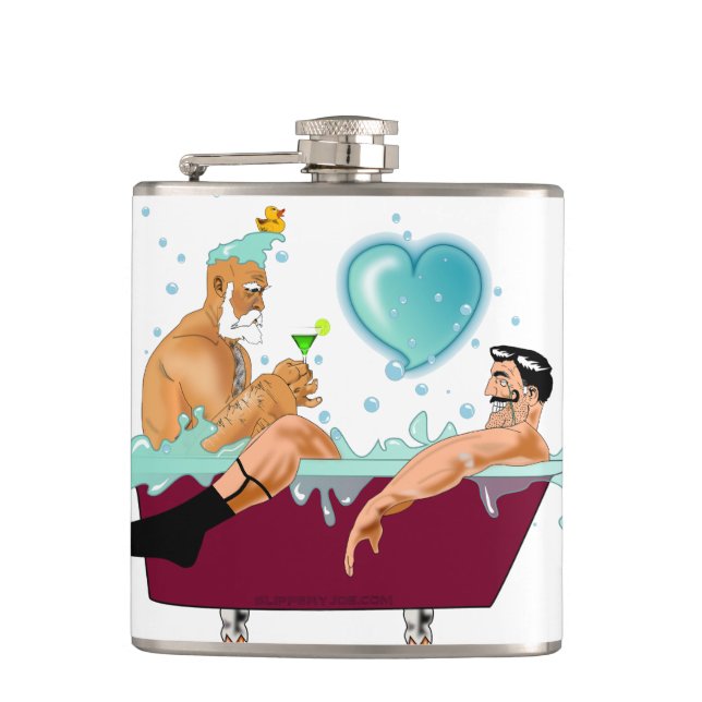 SlipperyJoe's two gay men love cartoon bathtub soa Hip Flask (Front)