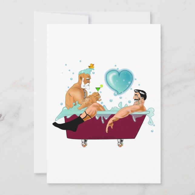 SlipperyJoe's two gay men love cartoon bathtub soa Holiday Card (Front)