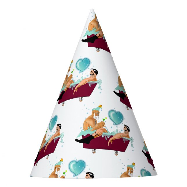 SlipperyJoe's two gay men love cartoon bathtub soa Party Hat (Front)