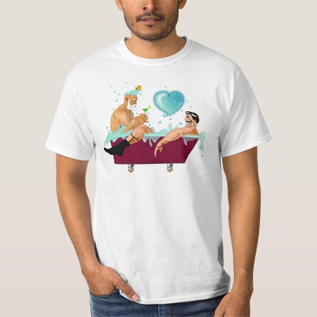 SlipperyJoe's two gay men love cartoon bathtub soa T-Shirt (Front)