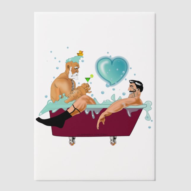 SlipperyJoe's two gay men love cartoon bathtub soa Vellum Invitations (Front)