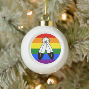 SlipperyJoe's Two-Spirit Pride Flag ceremonial LGB Ceramic Ball Christmas Ornament
