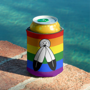 SlipperyJoe's two-spirit pride flag Indigenous sym Can Cooler
