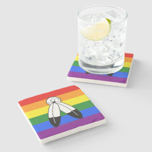 SlipperyJoe's two-spirit pride flag Indigenous sym Stone Coaster