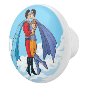 Slipperyjoe's two superheroes kissing characters f ceramic knob