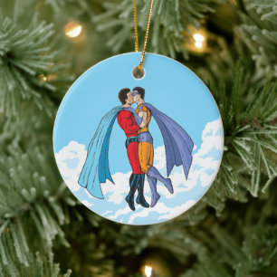 Slipperyjoe's two superheroes kissing characters f ceramic tree decoration
