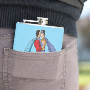 Slipperyjoe's two superheroes kissing characters f hip flask