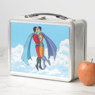 Slipperyjoe's two superheroes kissing characters f metal lunch box