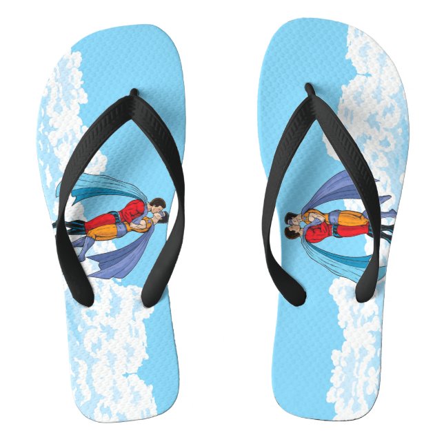 SlipperyJoe's two superheroes kissing flying carto Flip Flops (Footbed)