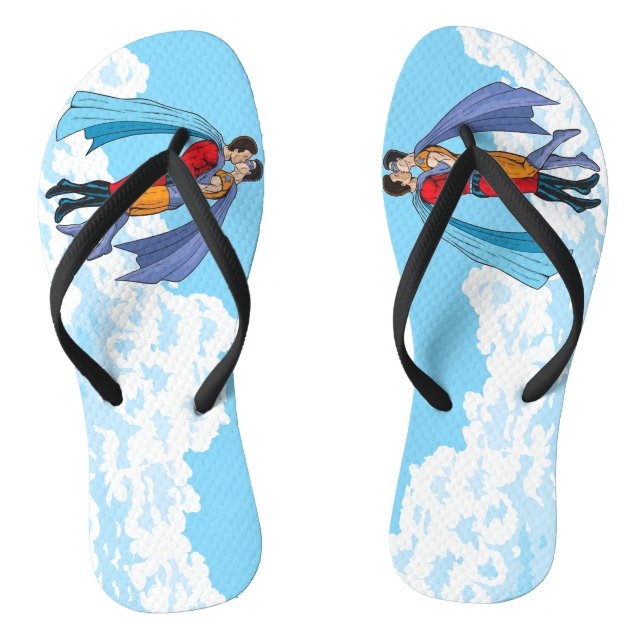 SlipperyJoe's two superheroes kissing flying carto Flip Flops (Footbed)