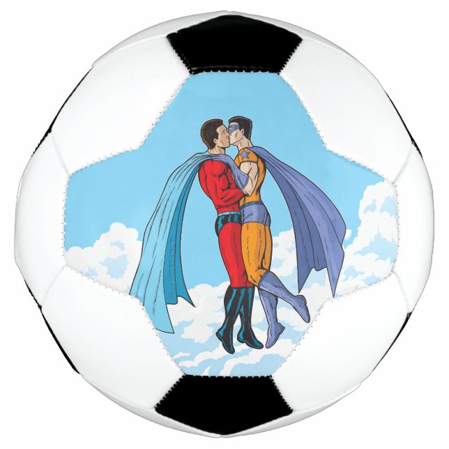 SlipperyJoe's two superheroes kissing flying carto Football (Front)