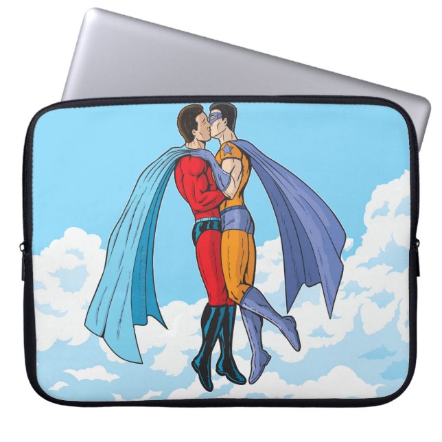 SlipperyJoe's two superheroes kissing flying carto Laptop Sleeve (Front)