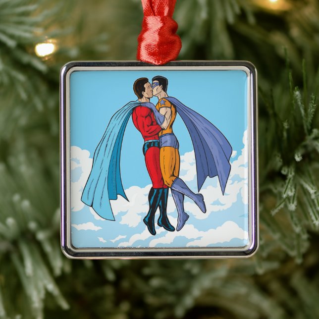 SlipperyJoe's two superheroes kissing flying carto Metal Tree Decoration (Tree)
