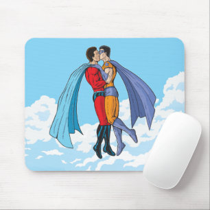 SlipperyJoe's two superheroes kissing flying carto Mouse Mat