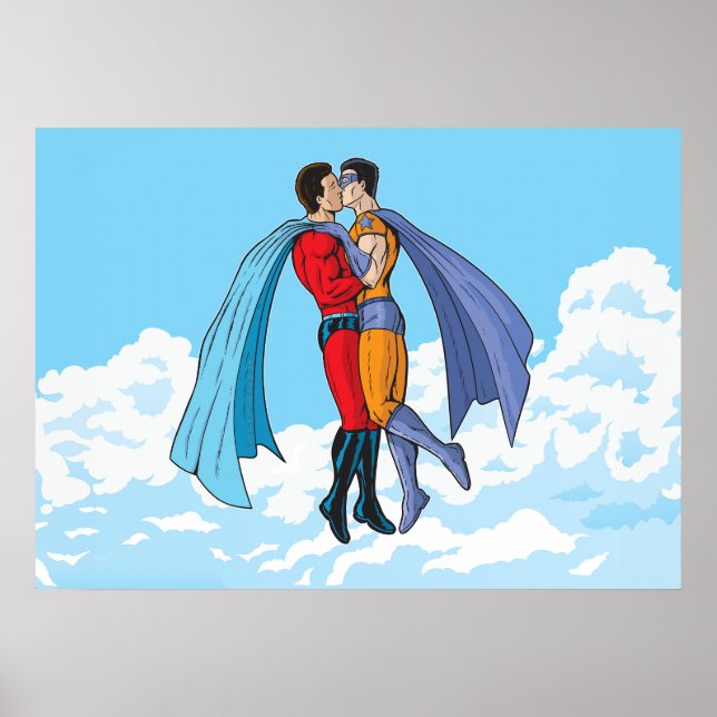 SlipperyJoe's two superheroes kissing flying carto Poster (Front)