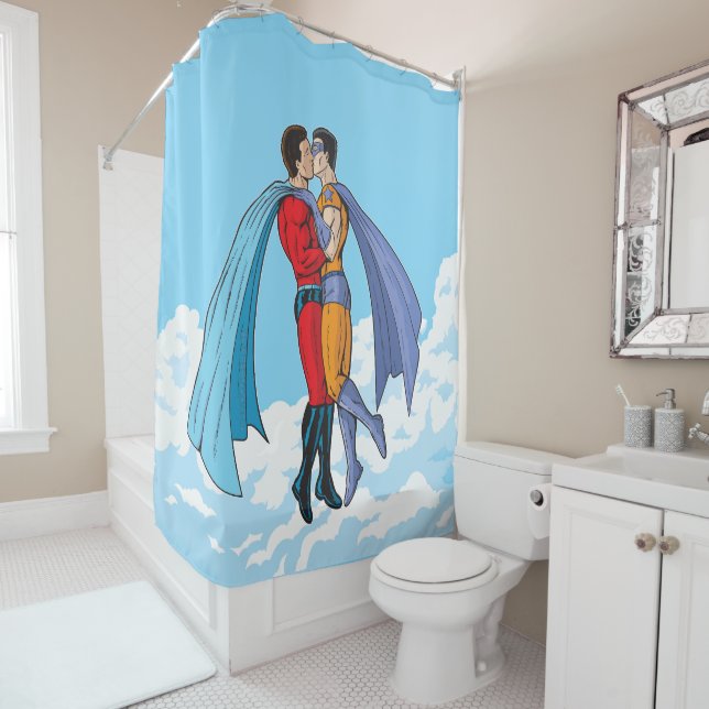 SlipperyJoe's two superheroes kissing flying carto Shower Curtain (In Situ)