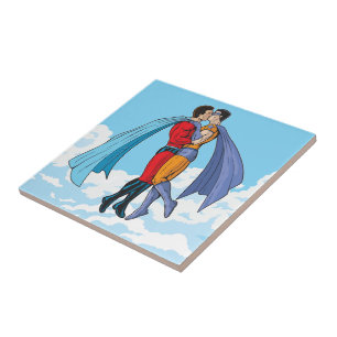 SlipperyJoe's two superheroes kissing flying carto Tile