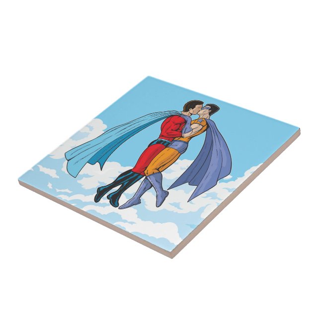 SlipperyJoe's two superheroes kissing flying carto Tile (Side)