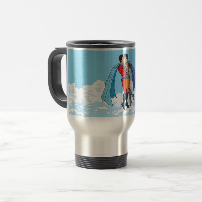 SlipperyJoe's two superheroes kissing flying carto Travel Mug (Front Left)