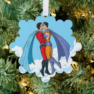 SlipperyJoe's two superheroes kissing flying carto Tree Decoration Card