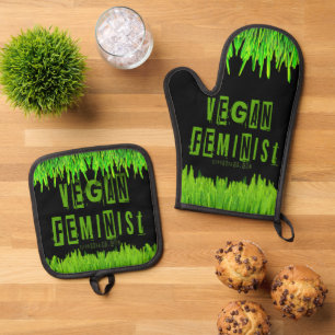 SlipperyJoe's vegan feminist attention-grabbing br Oven Mitt & Pot Holder Set