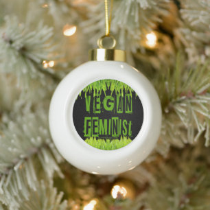 SlipperyJoe's Vegan feminist grass word block lett Ceramic Ball Christmas Ornament