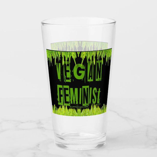 SlipperyJoe's Vegan feminist grass word block lett Glass (Front)
