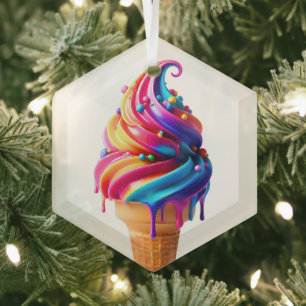 SlipperyJoe's vibrant ice cream cone food classic  Glass Tree Decoration