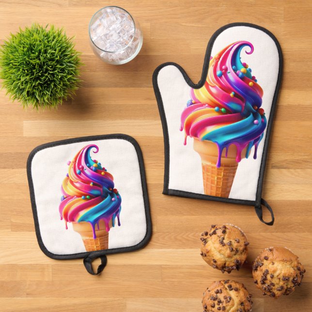 SlipperyJoe's vibrant ice cream cone food classic  Oven Mitt & Pot Holder Set (Top Down)