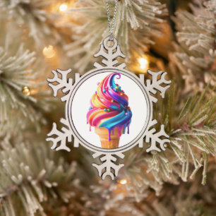 SlipperyJoe's vibrant ice cream cone food classic  Snowflake Pewter Christmas Ornament