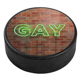 SlipperyJoe's vibrant neon gay sign green bricks w Hockey Puck