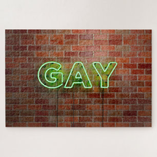 SlipperyJoe's vibrant neon gay sign green bricks w Jigsaw Puzzle