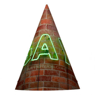 SlipperyJoe's vibrant neon gay sign green bricks w Party Hat