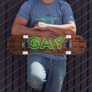 SlipperyJoe's vibrant neon gay sign green bricks w Skateboard