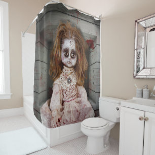 SlipperyJoe's vintage haunted porcelain doll creep Shower Curtain