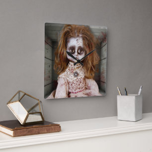 SlipperyJoe's vintage haunted porcelain doll creep Square Wall Clock